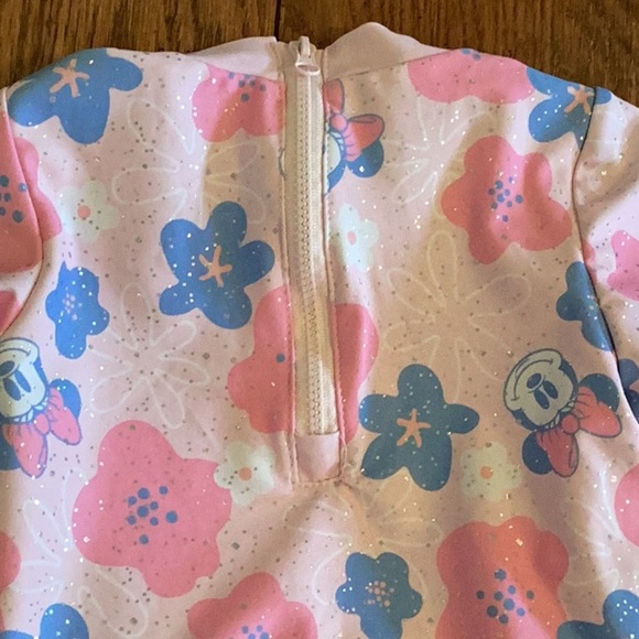 Disney Minnie Mouse pink sparkly floral long sleeve ruffled one piece swimsuit - Picture 6 of 16
